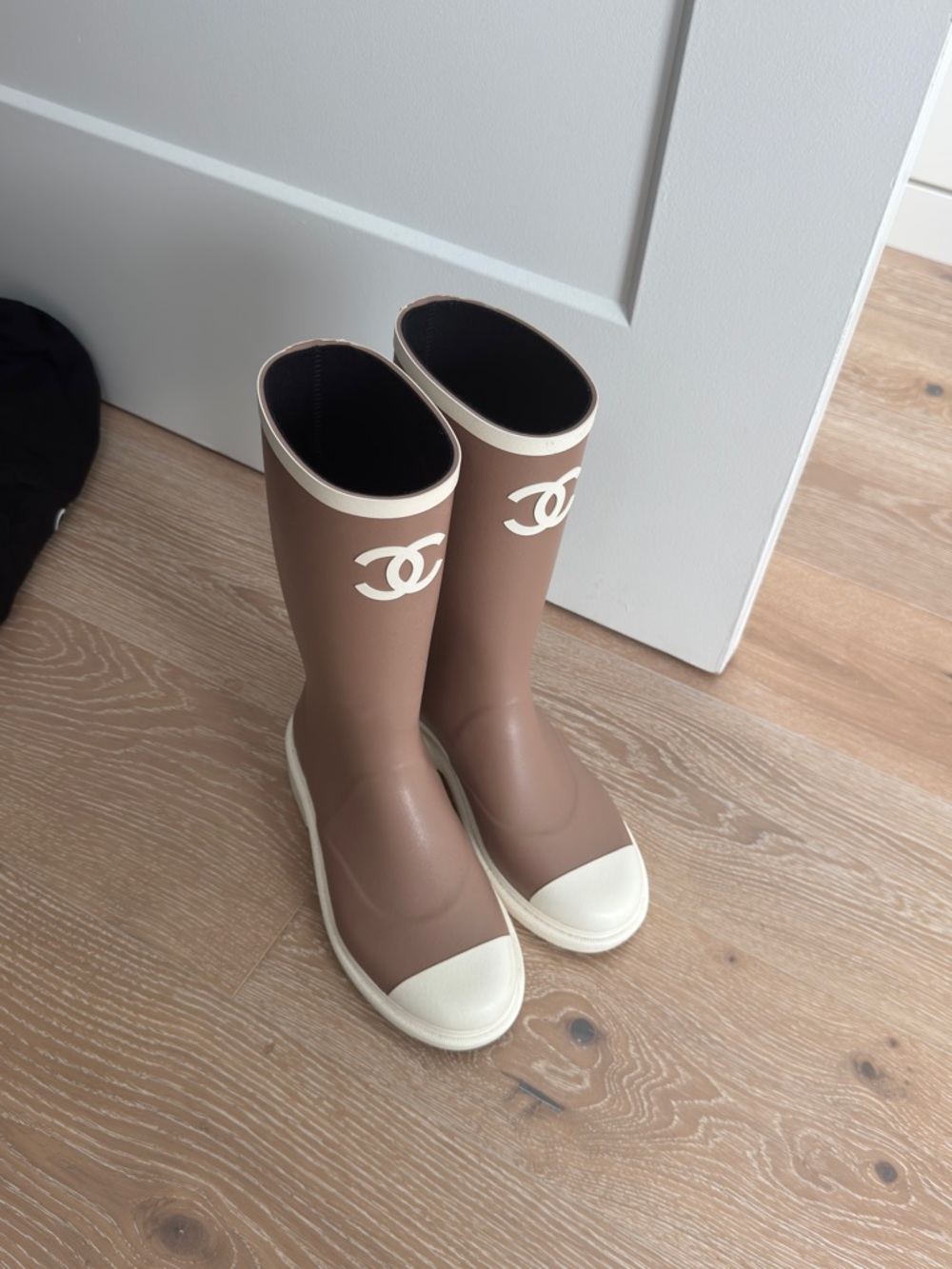 CHANEL Logo Rain Boots with Cream Accents